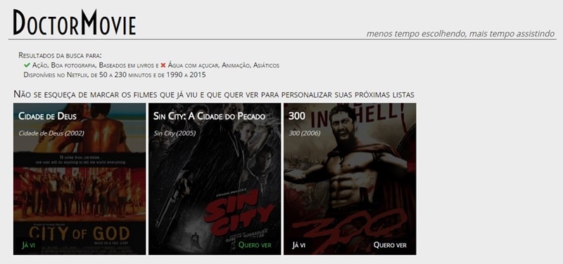 Na lista final, pude marcar qual filme já vi e qual quero ver.