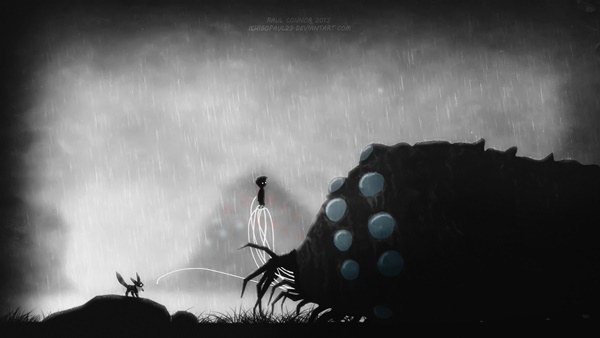 Ilustrações dos personagens do Estúdio Ghibli no cenário do jogo Limbo