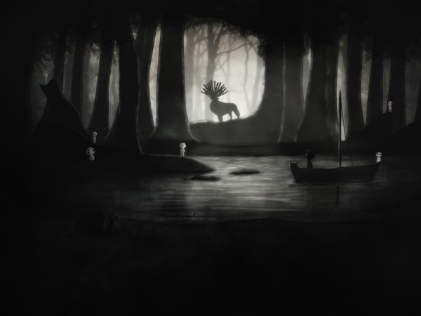 Ilustrações dos personagens do Estúdio Ghibli no cenário do jogo Limbo