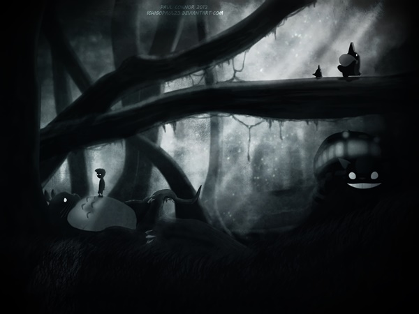 Ilustrações dos personagens do Estúdio Ghibli no cenário do jogo Limbo