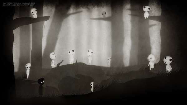 Ilustrações dos personagens do Estúdio Ghibli no cenário do jogo Limbo