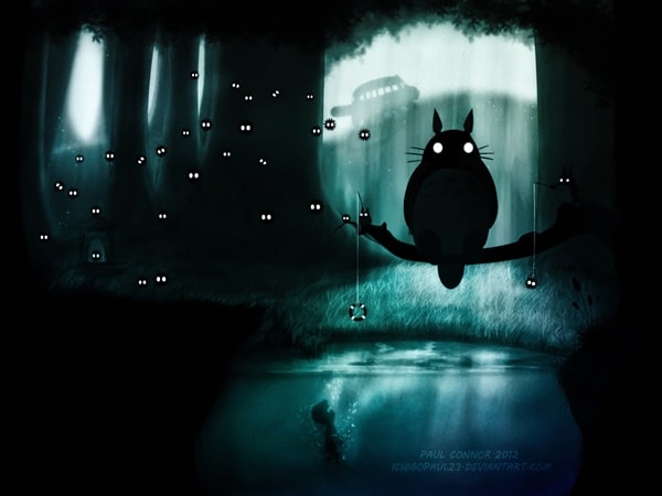 Ilustrações dos personagens do Estúdio Ghibli no cenário do jogo Limbo