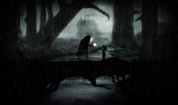 Ilustrações dos personagens do Estúdio Ghibli no cenário do jogo Limbo
