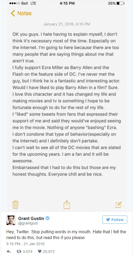 The Flash | Grant Gustin apoia Ezra Miller no longa do Velocista Escarlate