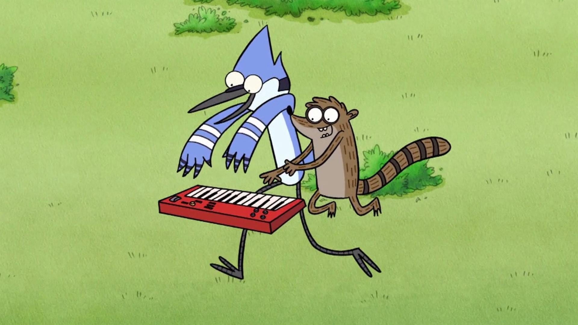 Mordecai e Rigby entretidos com a Força. 